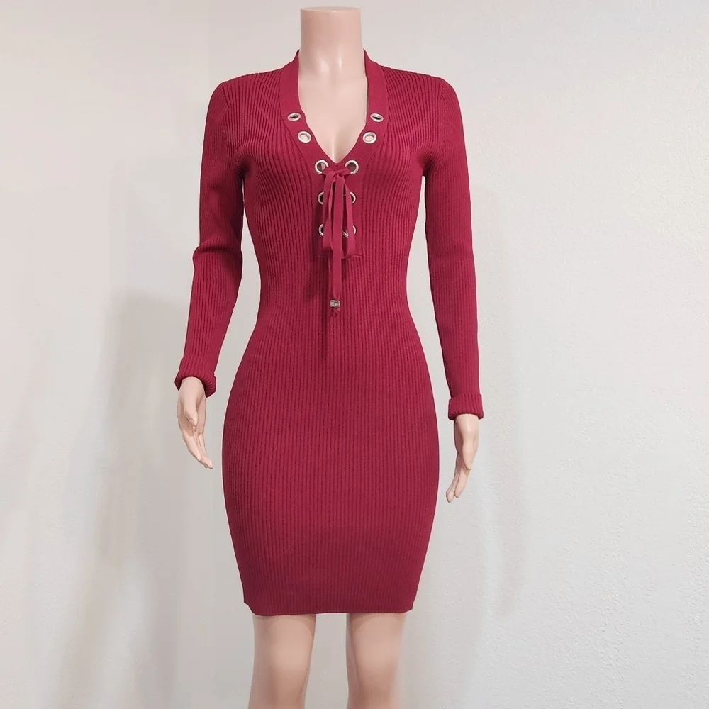 𝅺Michael Kors Ribbed Bodycon Tie V Neck Dress Size: M